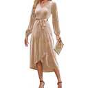 ETOSELL Women's Velvet V Neck Puff Sleeve Dress for Wedding Guest Cocktail Elegant Bodycon Party Midi Dress Champagne XL