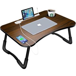 Laptop Bed Desk, Portable Foldable Laptop Lap Desk Tray Table with USB Charge Port/Cup Holder/Storage Drawer, for Bed/Couch/Sofa Working, Reading (Brown)