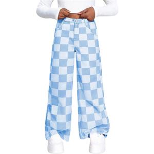 OYOANGLE Girl's Checkered Print Wide Leg Baggy Jeans Zipper Fly Straight Leg Elastic High Waist Denim Pants with Pocket (Light Blue, 9 Years)