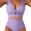 Herseas Women's Textured Bikini Sets Twist Front Top Swimsuits High Waisted Bathing Suits (Purple, M)