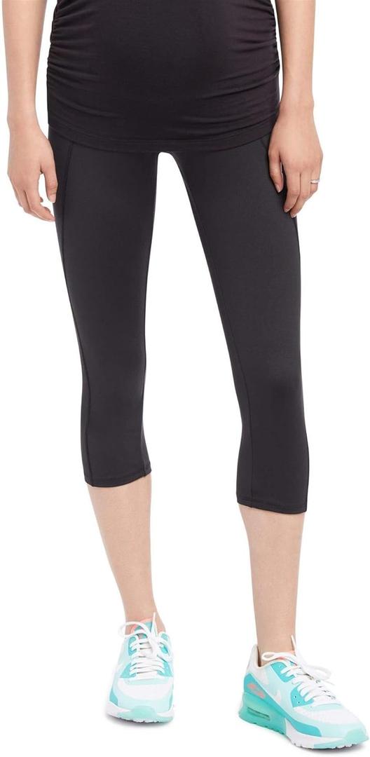 Motherhood Maternity Women's Workout Over The Belly Pregnancy and Postpartum Leggings with Pockets Soft Active Stretchy Pants (Core Black) S