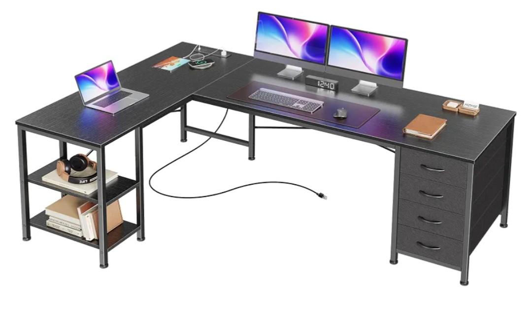Huuger 55 Inch L Shaped Desk with Fabric Drawers, Reversible Computer Gaming Desk with Power Outlets and USB-C Port, Adjustable Side Storage Shelves, for Work Study Corner Home Office, Black