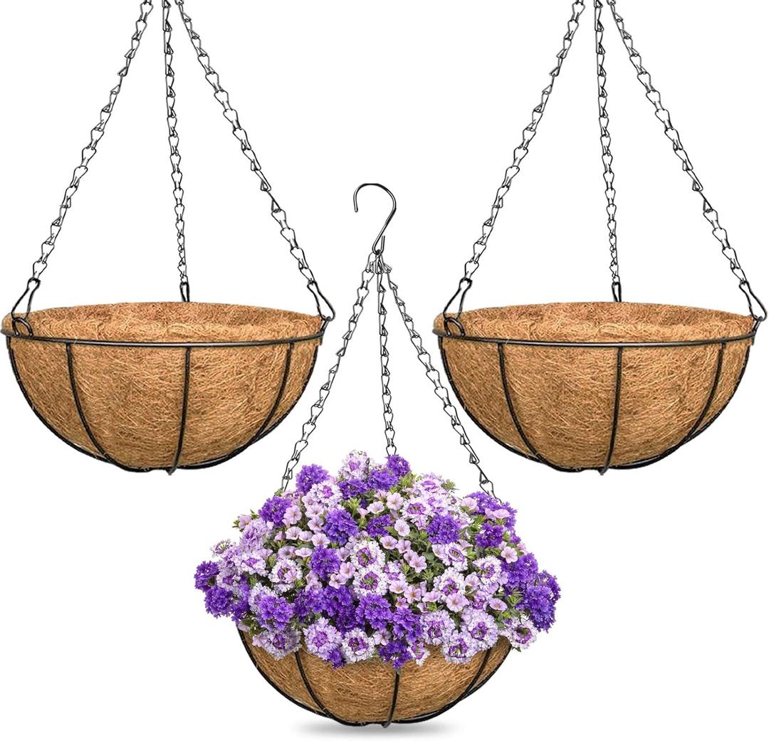 ZeeDix 3 Pack 16 Inch Large Hanging Baskets for Plants Outdoor with Coconut Liners Replacement, Hanging planters Baskets with Natural Coco Liner for Outdoor Indoor Planters Flowers Vegetables