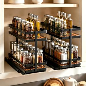 Pull Out Spice Rack 2Pcs Metal & Wood Seasoning Organizer Black | No-Drill Install | Full-Extension Silent Glide | Each Tier Holds 1012 Standard Spice Bottles | Rustproof, Wipe-Clean Surface