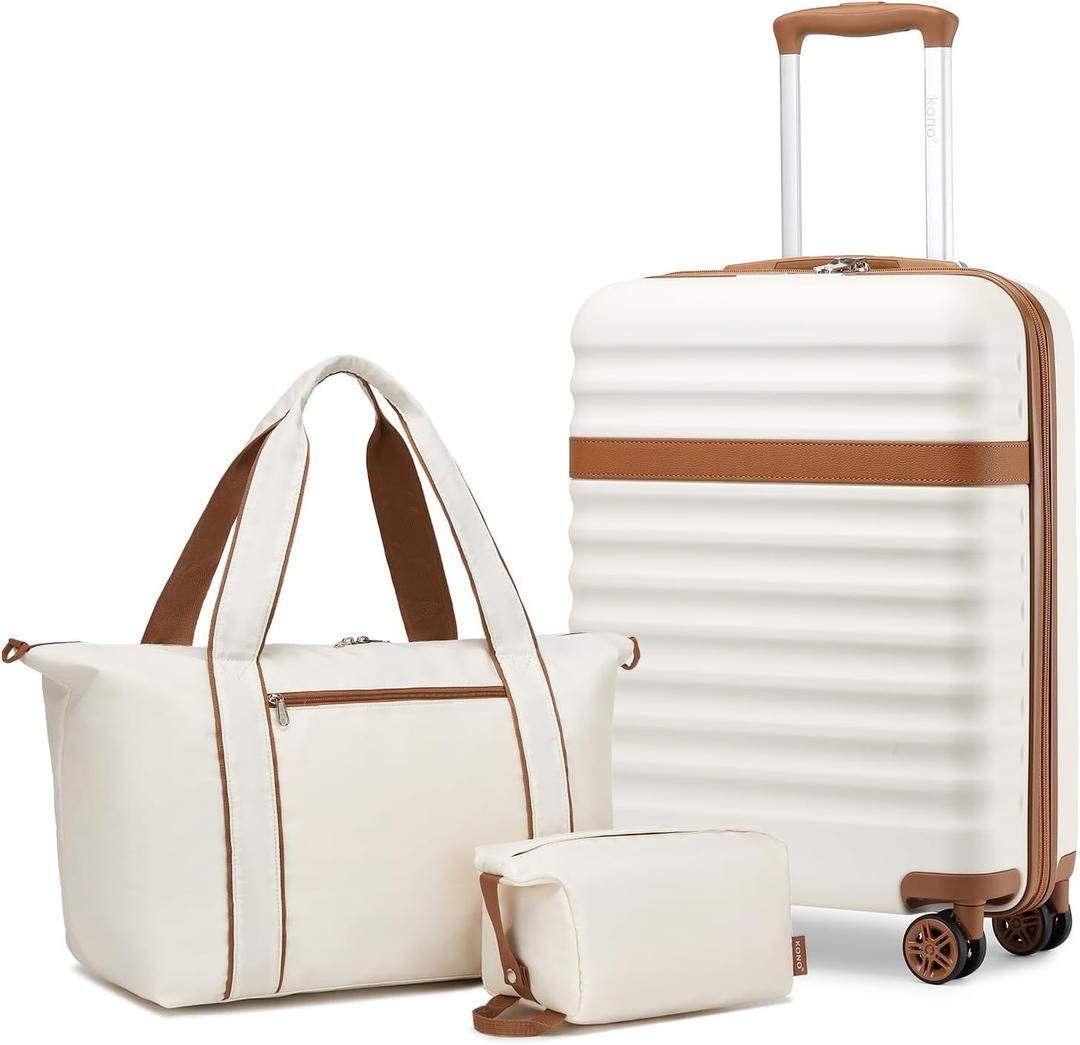 Kono 3-Piece Set 20in Expandable Carry-On Hardshell TSA Lock White, Carry-on travel set