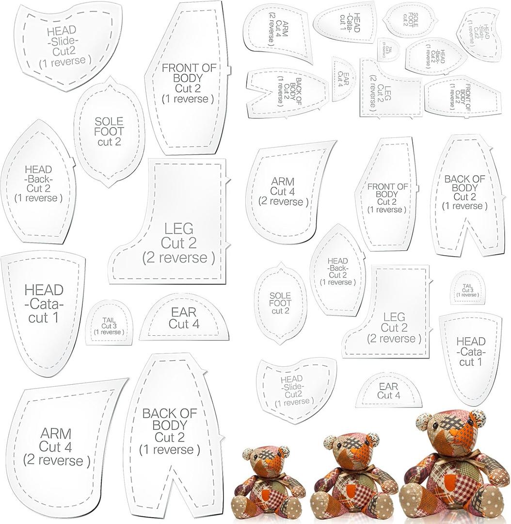 Chunful 30 Pcs Memory Bear Sewing Patterns Acrylic Template Ruler Set Stuffed Animal Quilting Template Cutting Large Sewing Pattern for Beginner Art Craft Tools Home, 10, 12, 15 inch