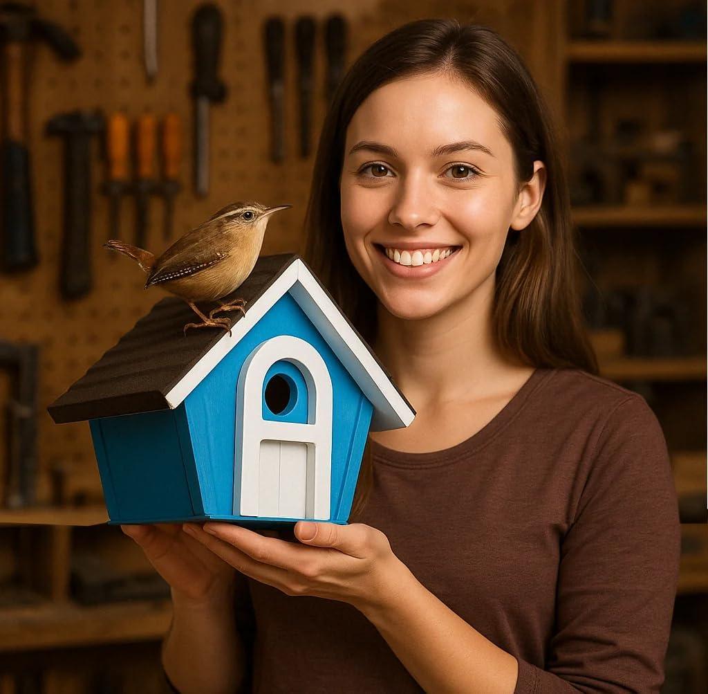 Cottage Bird House For Outside - Water Proof Cabin Birdhouse for Outdoor - Wren House for Outdoor - Weather Proof Squirrel Proof Metal Roof Protected - Easy Cleaning Wall Mountable (Blue White) (La Maison B)