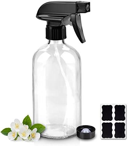 Worldgsb Glass Spray Bottles, 16oz Refillable Containers, Empty Boston Round Bottles with Labels & Adjustable Nozzle for Cleaning, Gardening, Aromatherapy, Pets, Plant, Hair -Clear (1 Pack)
