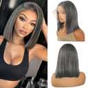 Munx Ombre Grey Bob Wig Blunt Cut 13x4 HD Lace Front Wig for Black Women Glueless Wigs 180% Density Thick Real Human Hair Bob Wigs Grey Salt & Pepper Color 12inch Slightly Bleached Knots