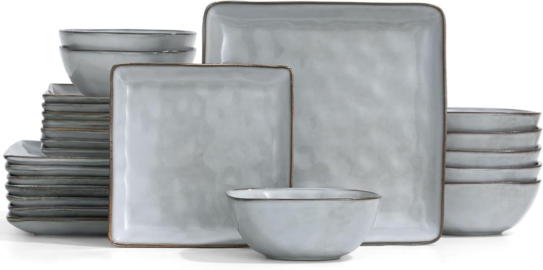 Famiware Dinnerware Sets for 8, Ocean Square 24-Piece Kitchen Plates and Bowls Sets, Microwave and Dishwasher Safe, Scratch Resistant, Grey