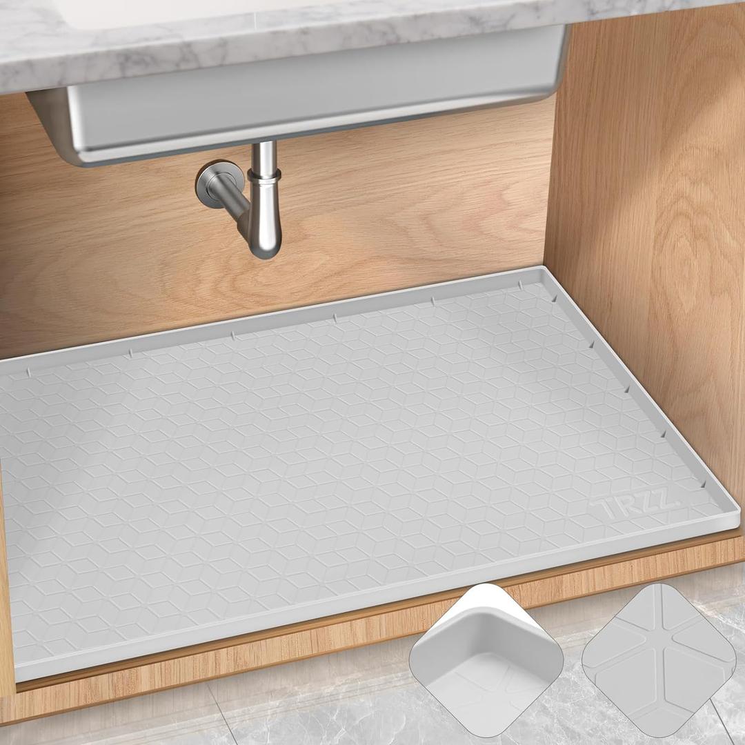 TRZZ Silicone Waterproof Under Sink Mat 31" x 22", Drip Tray and Cabinet Liner for Kitchen and Bathroom, Prevents Water Damage and Organizes Cabinets (Light Grey) (22"W x 31"L)