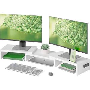 BONTEC Dual Monitor Stand for Desk, Adjustable Length and Angle Monitor Stand Riser with Smartphone Holder, Desk Shelf for Top of Desk, Computer Monitor Stand with Storage, Office Desk Organizer, White