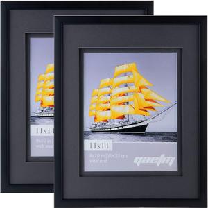 Yaetm 11x14 Double Floating Mat Picture Frame Set of 2, Display Picture 8x10 with Black Double Mat, Polished High Definition Real Glass, Wall Mounting Photo Frames, Black