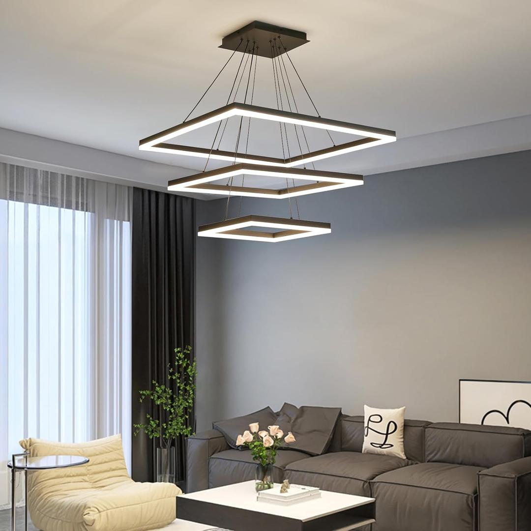 Modern LED Chandelier, Black Square Chandelier, 3 Rings Ceiling Pendant Light with Remote Control, Modern Chandelier Lighting for Bedrooms Dining Rooms (15.7*23.6*31.5IN)