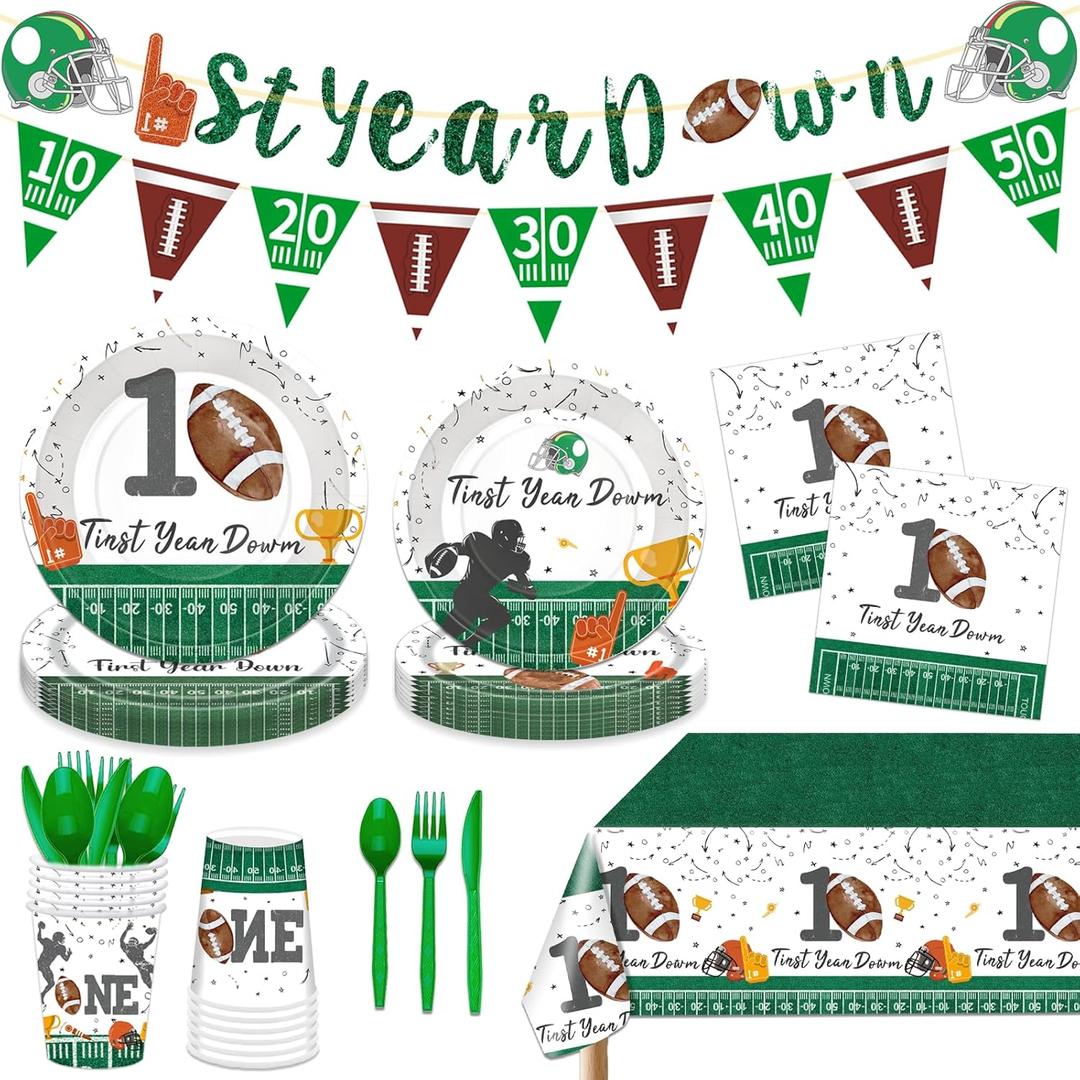 171 Pcs First Year Down Football Birthday Party Plates Decorations Disposable Paper Plates Napkins Cups Cutlery Tablecloth and Banner for Football Birthday Theme for Kids Boys, Serves 24