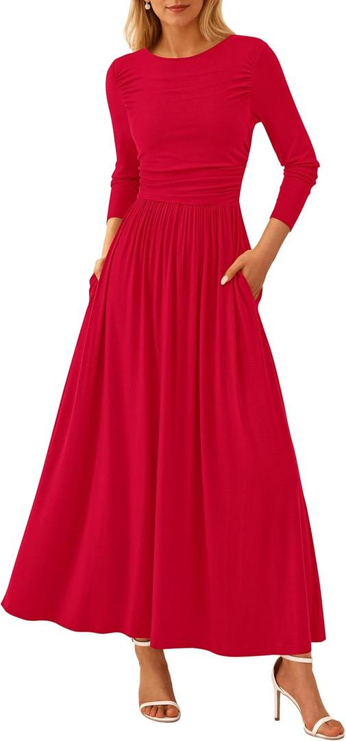 PRETTYGARDEN Women's 2025 Fashion Trendy Fall Long Sleeve Dresses Ruched Flowy Elegant Modest Boho Casual Beach Maxi Dress (Red, L)