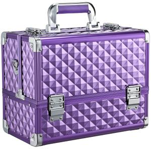 FRENESSA Makeup Train Case Makeup Case 12.6 Inch Large Cosmetic Box Organizer Travel Storage Professional Make Up Train Carrying Case with 6 Trays Locking Shoulder Strap Hard Vanity Storage Purple
