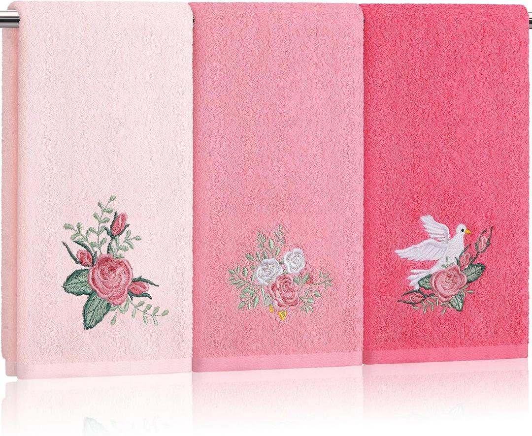 Rose Floral Hand Towels Farmhouse Pink Rose Bathroom Decor 14x29 Inch Embroidered Decorative Cute Summer Flowers Hand Towels Cotton Soft Absorbent Towels for Bathroom Kitchen