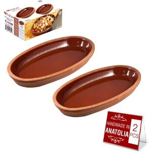 Hakan Bergama Handmade Oval Clay Pan Set of 2 | Terracotta Pans Glazed Inside | Casserole Dishes for Oven Baking | Traditional Earthenware Clay in Box, Large, 4.8 x 10.25 x 1.5-inch 13.5 Oz (400 cc)