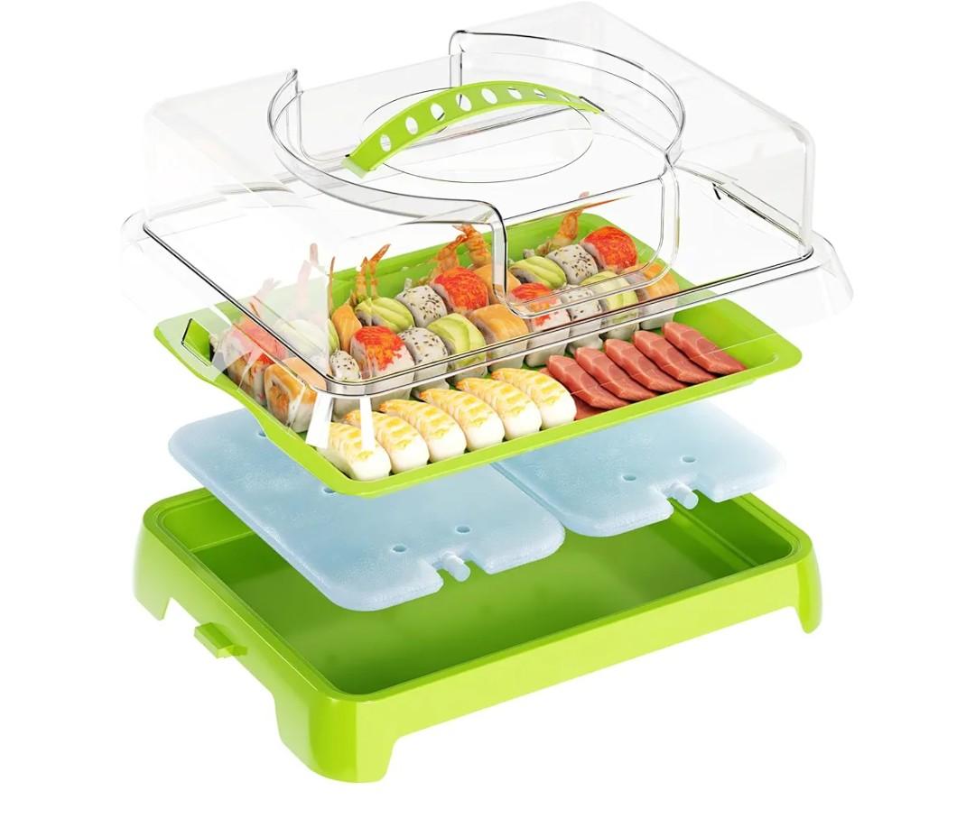 Chilled Portable Serving Tray Platterbox with Reusable Ice Pack with Lid Shrimp Cocktail Serving Dish Platter Cold Food Buffet Server for Appetizer Veggie Fruit Food Parties Outdoor Picnic, Green