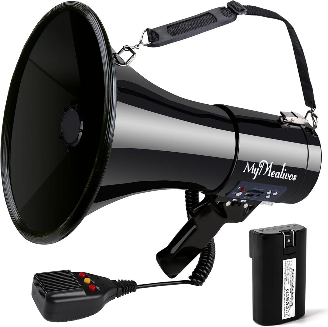MyMealivos 50W Bluetooth Megaphone with Rechargeable Battery-Professional Bullhorn with Siren&240s Recording Supports USB/SD/3.5mm Aux-1600ft Range for Sports Police Emergency Outdoor Activities (Black)