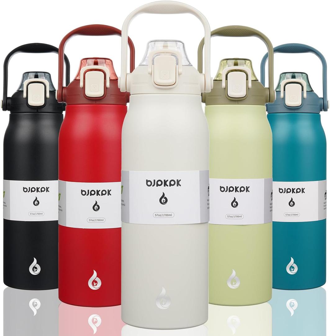 BJPKPK Insulated Water Bottles with Straw, 57 oz Sports Water Bottle with One-handed Opening Lid, BPA Free Leakproof Easy Carry Thermos, Jugs, Flasks for Gym Sports Outdoors, White
