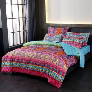 Bohemian Bed in a Bag 7 Pieces Full Size, Colorful Boho Style Red And Blue Printed, Reversible Comforter Set (1 Comforter, 1 Flat Sheet, 1 Fitted Sheet, 2 Pillow Shams, 2 Pillowcases) (Full, Colorful)