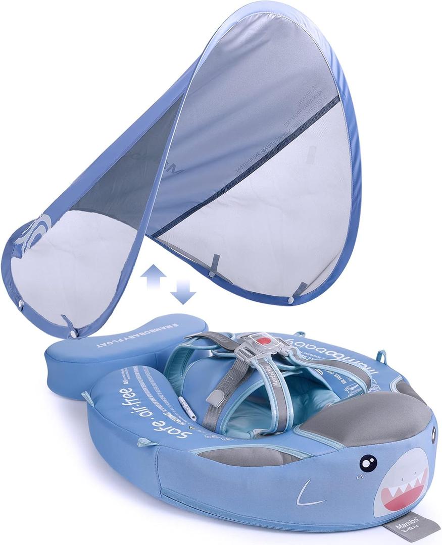 Mambobaby Baby Swim Float with Tail & UPF Sun Canopy Special Edition Blue, Medium