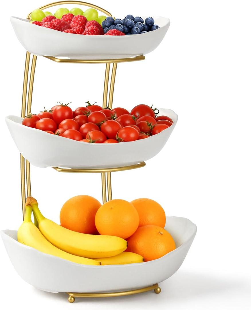 Fruit Bowl for Kitchen Counter - 3 Tier Ceramic Fruit Basket with Gold Metal Stand, Fruit Holder for Snacks, Nuts, Cakes, Desserts, Bread, Candy Storage (White)