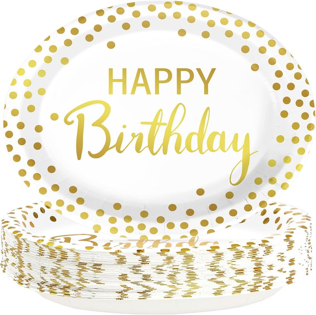 50Pcs Gold Birthday Oval Paper Plates 10" x 12" Large Heavy Duty Disposable White Gold Happy Birthday Theme Decorations Golden Dessert Party Plate for Women Men Winter Xmas Eve Holiday Party Supplies