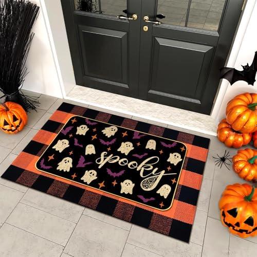 Halloween Outdoor Rug Set, Boo Door Mat 28 x 43 in, 2 Pcs Welcome Mat Set, Halloween Bats Rug, Black Doormat, Halloween Front Porch Doormats, Orange and Black Buffalo Plaid Mats for Outdoor Decor