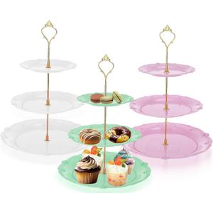 3 Pack 3 Tier Plastic Cupcake Stand, Dessert Cup Cake Holder Tower Reusable Tiered Serving Tray with Metal Rod Pastry Platter for Wedding, Birthday, Tea Party - White Green Pink