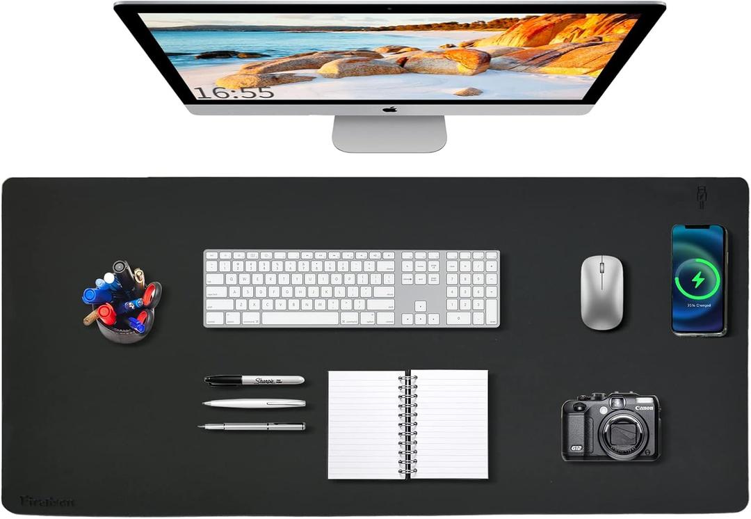 Desk Mat Wireless Charging Mouse Pad Large 32x16 Journey Desk Pad Mat with Wireless Charger Waterproof Black Leather Computer Mat with Phone Charger Mousepad Non-Slip for Keyboard and Mouse (Right)