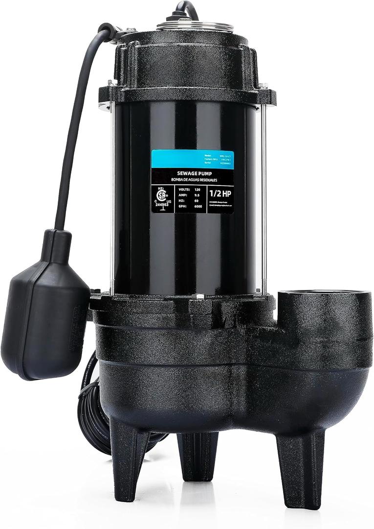 LEO 1/2 HP Sewage/Effluent Pump, 6000 GPH Submersible Basement Sewer Pump with 10ft Auto Float Switch, Cast Iron Sump Ejector, 2'' NPT for Sewage Basin, 115V