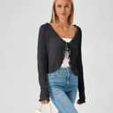Womens Sheer Lightweight Cardigan Long Sleeve Tie Front Cropped Bolero Shrug Ruffle Trim Hollow Out Tencel Mesh Cardigan (Black, L)