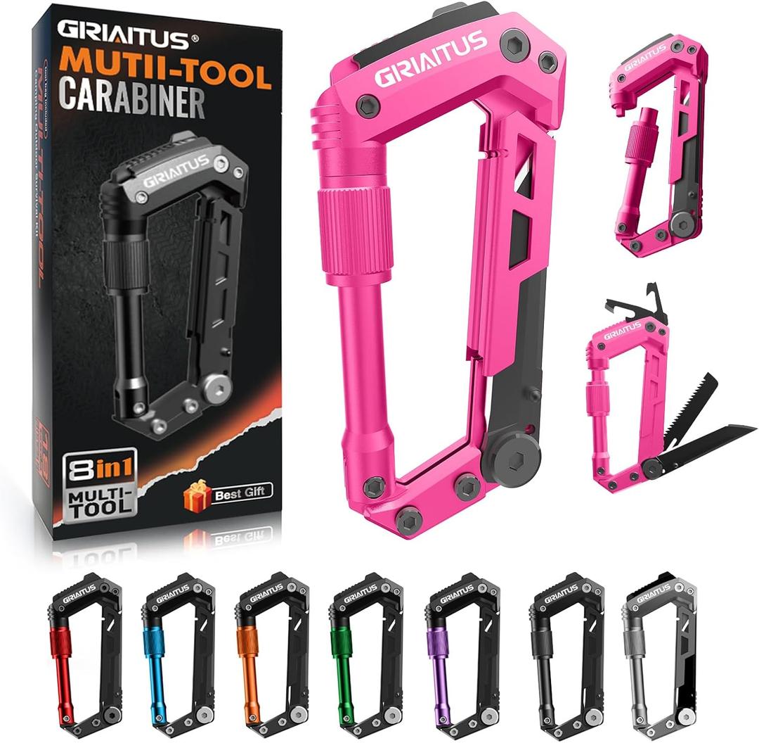 Multitool Carabiner with Pocket Knives, EDC Carabiners, Folding Serrated Knife, Can Bottle Opener, Rope Cutter, Screwdriver, Keychain Knife for Camping Hiking, Gifts for Women/Men (Pink)