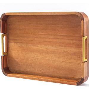 Acacia Wood Serving Tray with Metal Handles, 17x12in Food Drinks Tray for Coffee Table, Breakfast, Dinner & Bar, Rustic Decorative Storage Tray for Ottoman, Kitchen, Parties