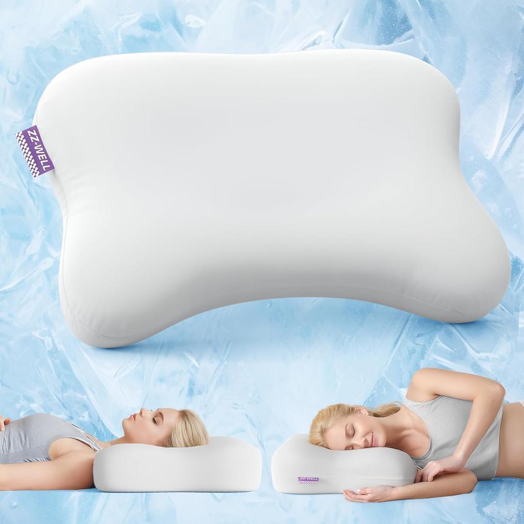 Cooling Side Sleeper Pillow- Ergonomic Curved Soft Memory Foam Pillows - Patented Cervical Neck Pillow for Sleeping with Machine Washable Cover (Grey)