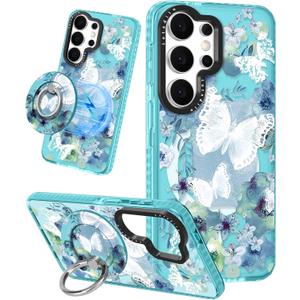 Lotadilo Cute Case for Samsung Galaxy S26 Ultra for Women Girls - Funny Ink Butterfly Design Compatible with Magsafe Magnetic Ring Holder Kickstand Fashion TPU Phone Covers