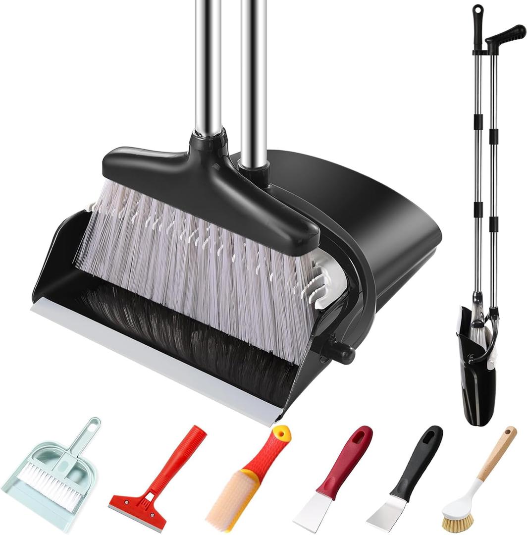 Broom and Dustpan Set with Long Handle and 6 Bonus Cleaning Tools, Upright Standing Combo with Self-Cleaning Teeth & Windproof Dustpan for Pet Hair, Home, Kitchen, Garage, Apartment (45.3IN, Black&grey)