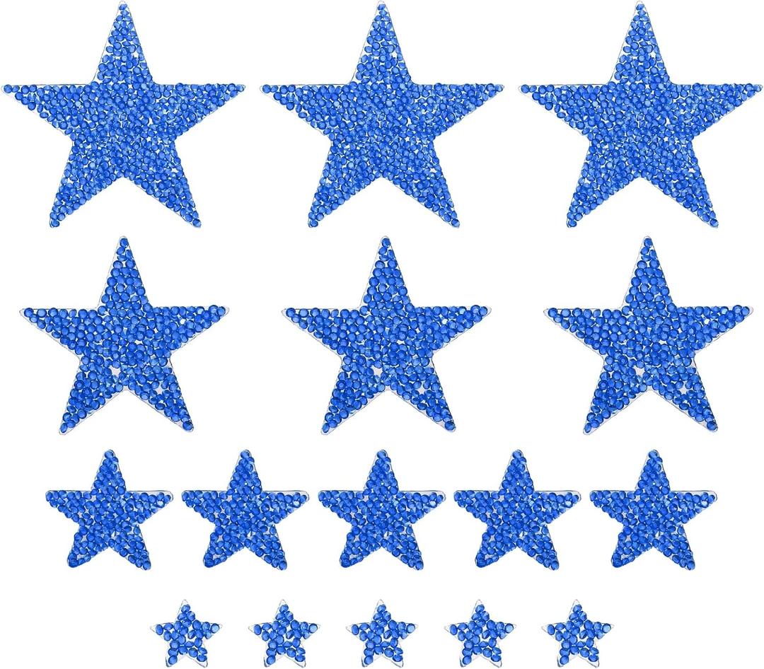 MECCANIXITY 16 Pieces Iron on Patches Star Rhinestone Appliques Glitter Embroidered Patches Blue Iron on Rhinestones for Clothes DIY Crafts Bag Hat Pants in 4 Size