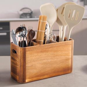 12" Wooden Kitchen Utensil Holder, Extra Large Acacia Wood Organizer for Cooking Tools, Utensils & Cutlery Storage 3-Compartment Countertop Holder