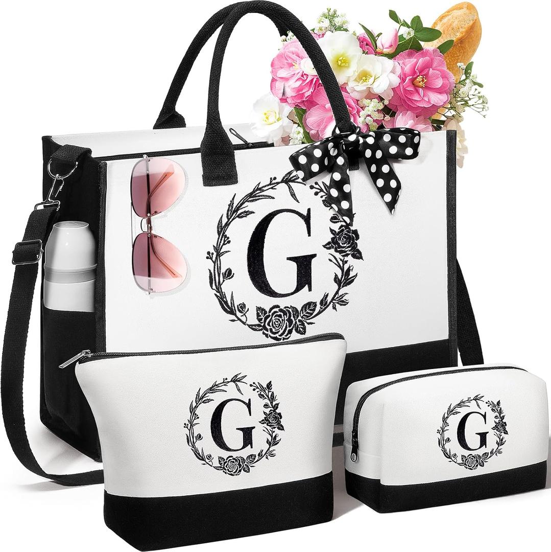 Personalized Gifts for Women, Initial Canvas Tote Bag & Makeup Bag Monogrammed Beach Tote Bags for Women w/Zipper, Valentines Day Birthday Gifts for Her Wife Girlfriend Mom Sister Best Friend Teacher