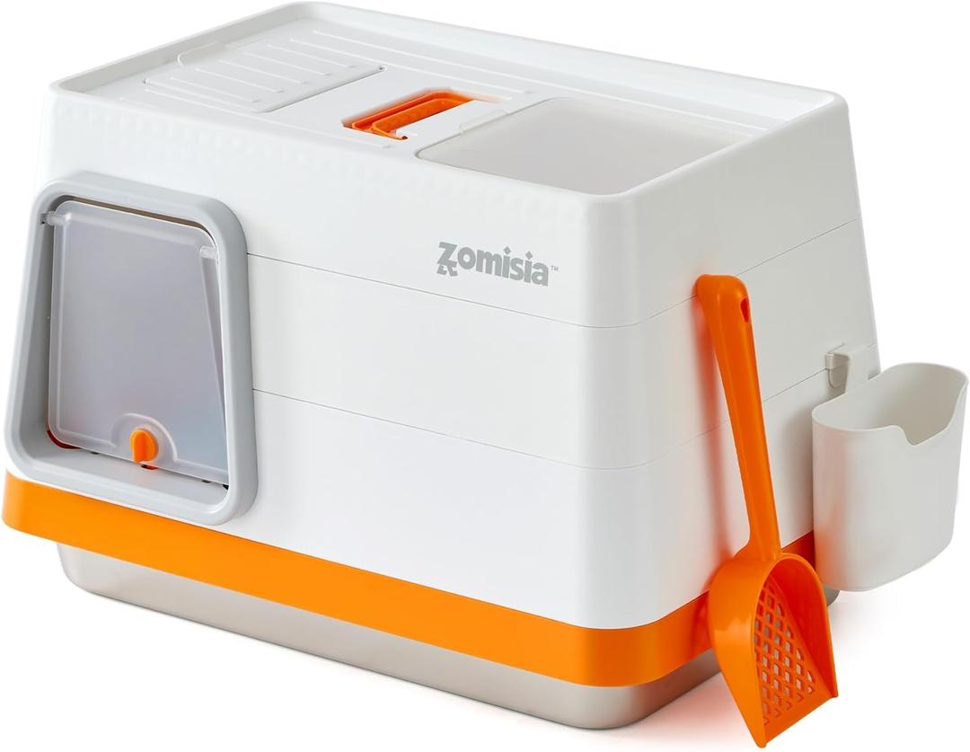 Stainless Steel Cat Litter Box, Extra Large Covered Litter Box with Lid, Scoop, Odor Control Filter, XL Side/Top Entry Enclosed Cat Boxes for Big Kitty