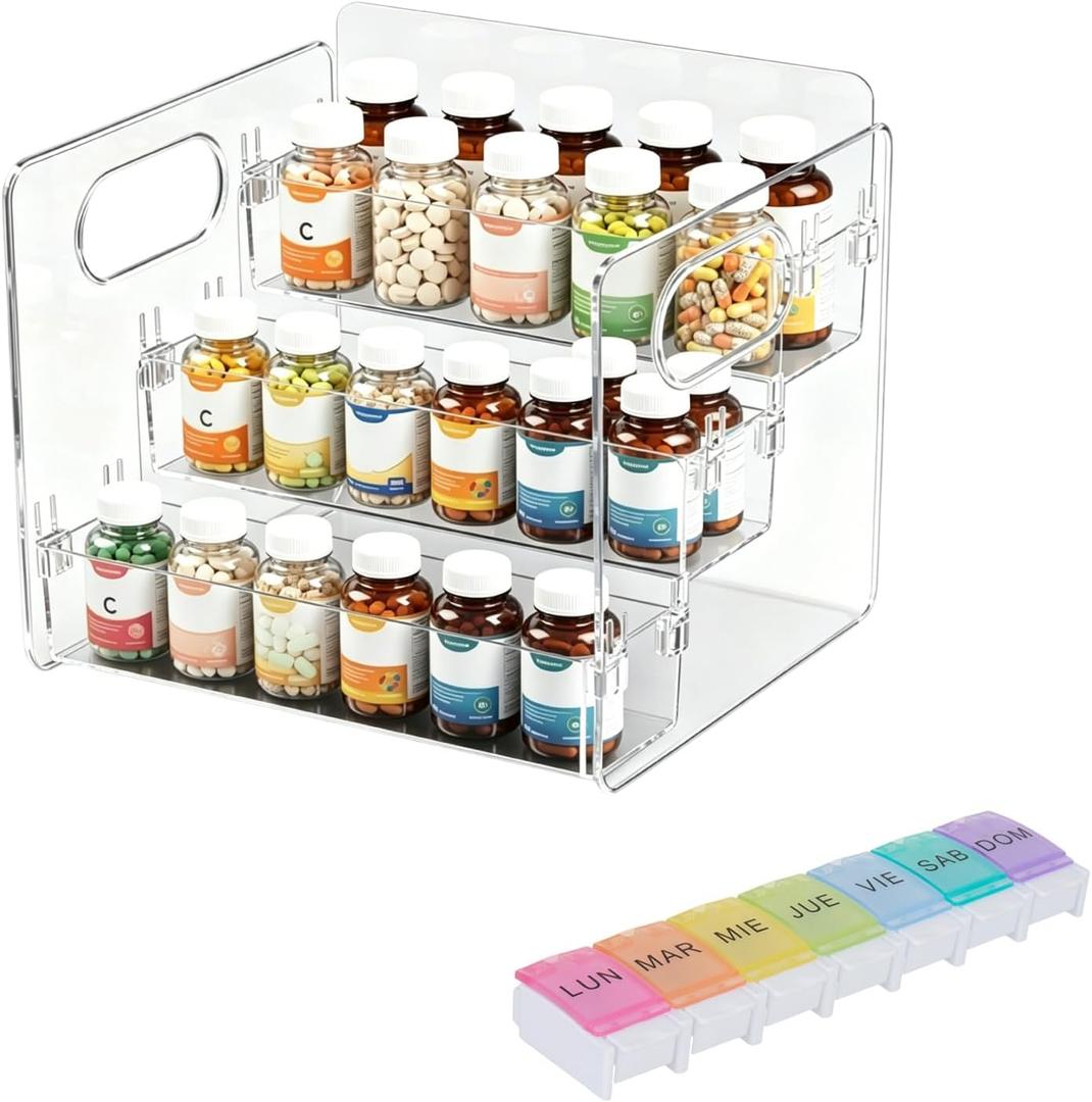 3-Tier Vitamin Storage Organizer with 7-Day Pill Box, Holder for Vitamin Bottles & Medicine Bottle,Supplement Rack for Cabinet Countertop Bathroom Kitchen Pantry, Includes Weekly Pill Organizer