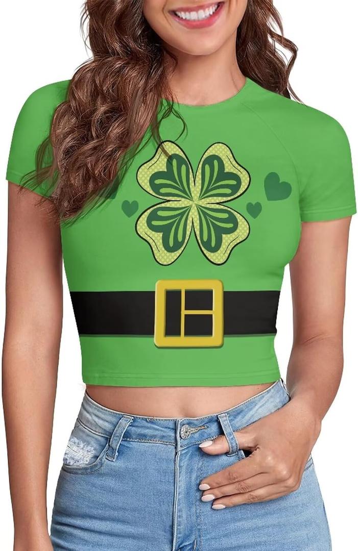 St Patricks Day Shirt Women Costume Green Shamrock Print St. Patrick's Day Tops Outfits Tee Tops Cropped Baby Te (Green, M)
