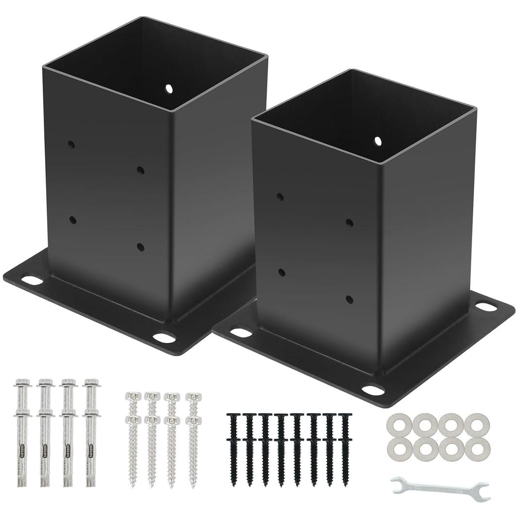 4x4 Post Base 2Pcs(Inner Size 3.55"x 3.55")Concrete Post Brackets Anchors 13 Gauge Thick Solid Steel Heavy Duty Stainless Steel Screws Black Powder Coated for Pergola,Decking,Railing,Mailbox