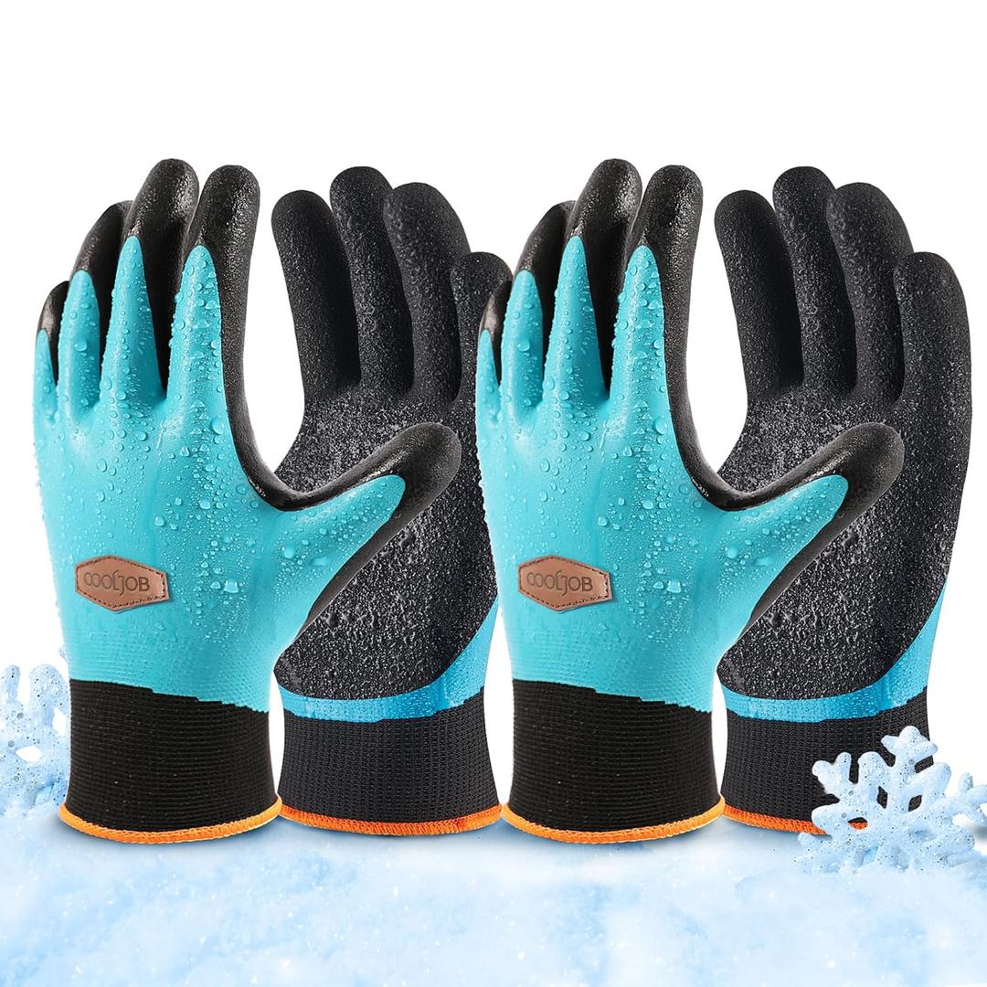 COOLJOB Waterproof Winter Freezer Gloves for Working Gardening Fishing Construction Worker, Double Coated Rubber for Warehouse Cold Refrigeration House, 2 Pairs Small Blue