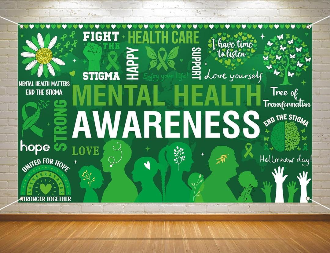 Mental Health Awareness Month Photo Booth Backdrop Green Ribbon May Motivational Decoration School Classroom Background Banner Wall Decor,3.6ft x 5.9ft