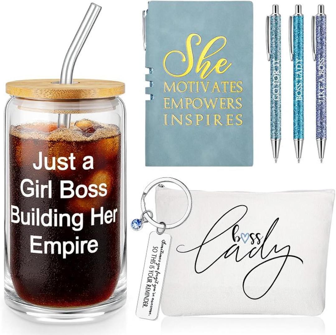 Blue 7 Pcs Boss Gift Sets for Women Her Lady Christmas Thank You Gift Best Boss 16oz Glass Cup Makeup Bag Keychain A6 Notepad with 3 Ballpoints Pen for Female Lady Bestie Coworker Birthday